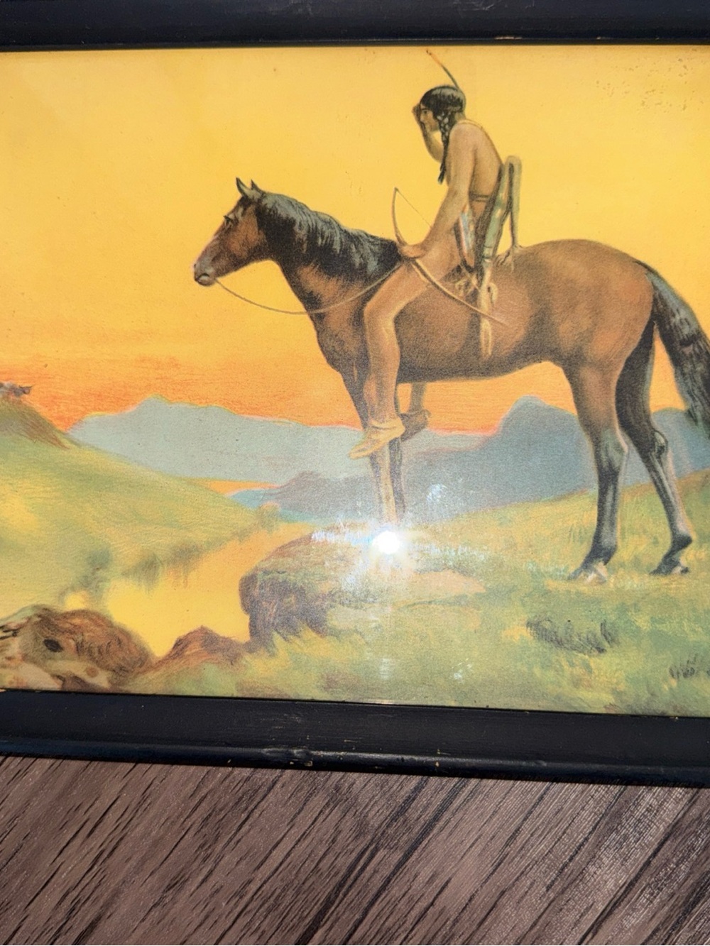 Native American on Scout Horse Print Vintage Framed